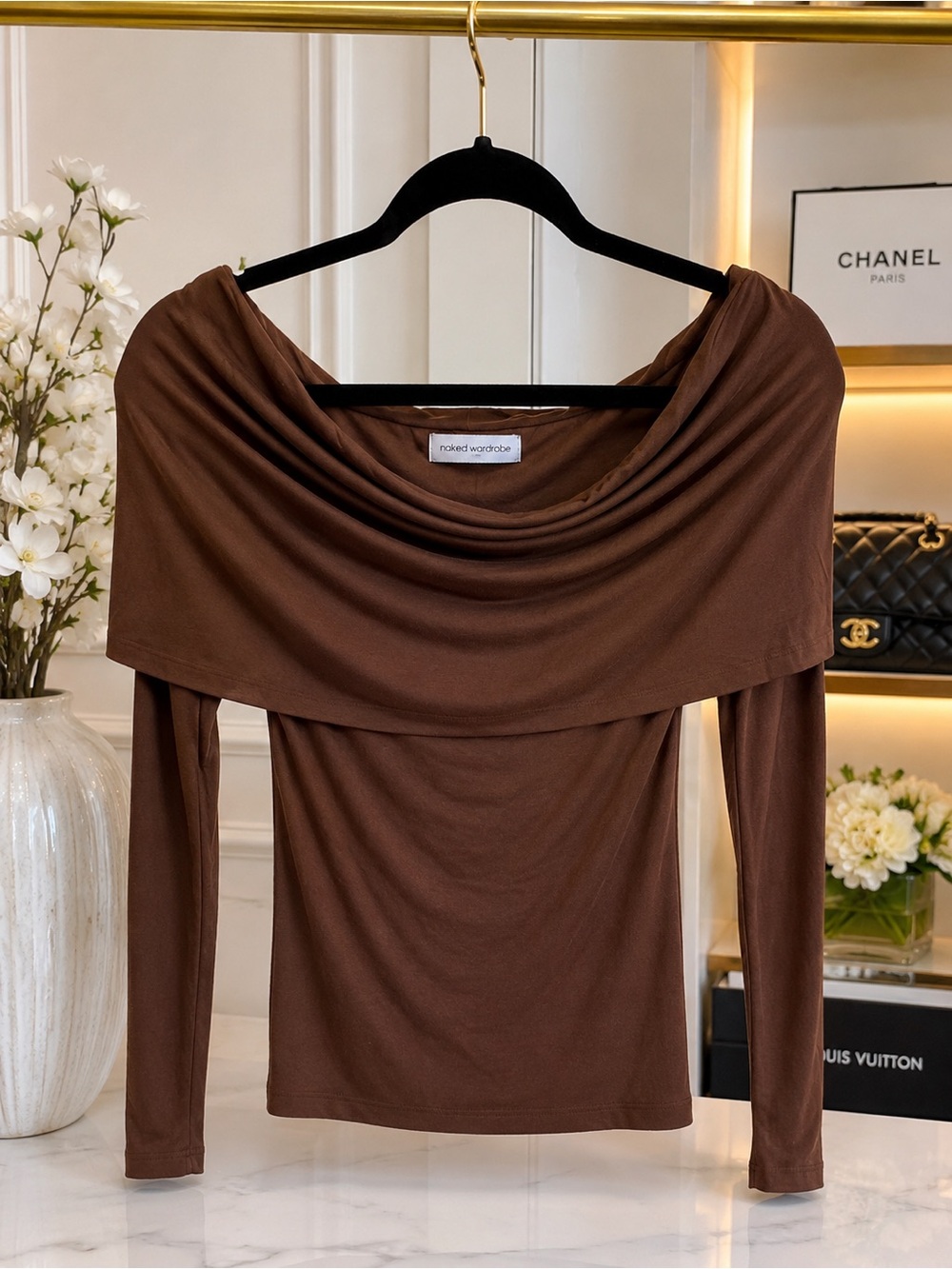 NWT Naked Wardrobe Chocolate Brown Off Shoulder Draped Long Sleeve Top M